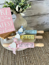 Load image into Gallery viewer, 7'' Baby tiered tray decor, mini rolling pin for tiered tray, Baby shower decor, nursery decor, baby shower tiered tray, its a girl, its a boy