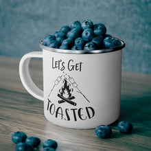 Load image into Gallery viewer, Enamel Camping Mug, Gift for Campers, Let's Get Toasted Camping Mug, Campers Mug