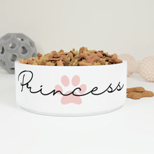Load image into Gallery viewer, Personalized Dog Bowl, Custom Ceramic Dog Bowl, Bowl with Pets Name in Cursive Font, Paw Print Design in Variety of Colors