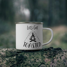 Load image into Gallery viewer, Enamel Camping Mug, Gift for Campers, Let's Get Toasted Camping Mug, Campers Mug
