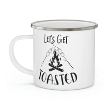 Load image into Gallery viewer, Enamel Camping Mug, Gift for Campers, Let's Get Toasted Camping Mug, Campers Mug
